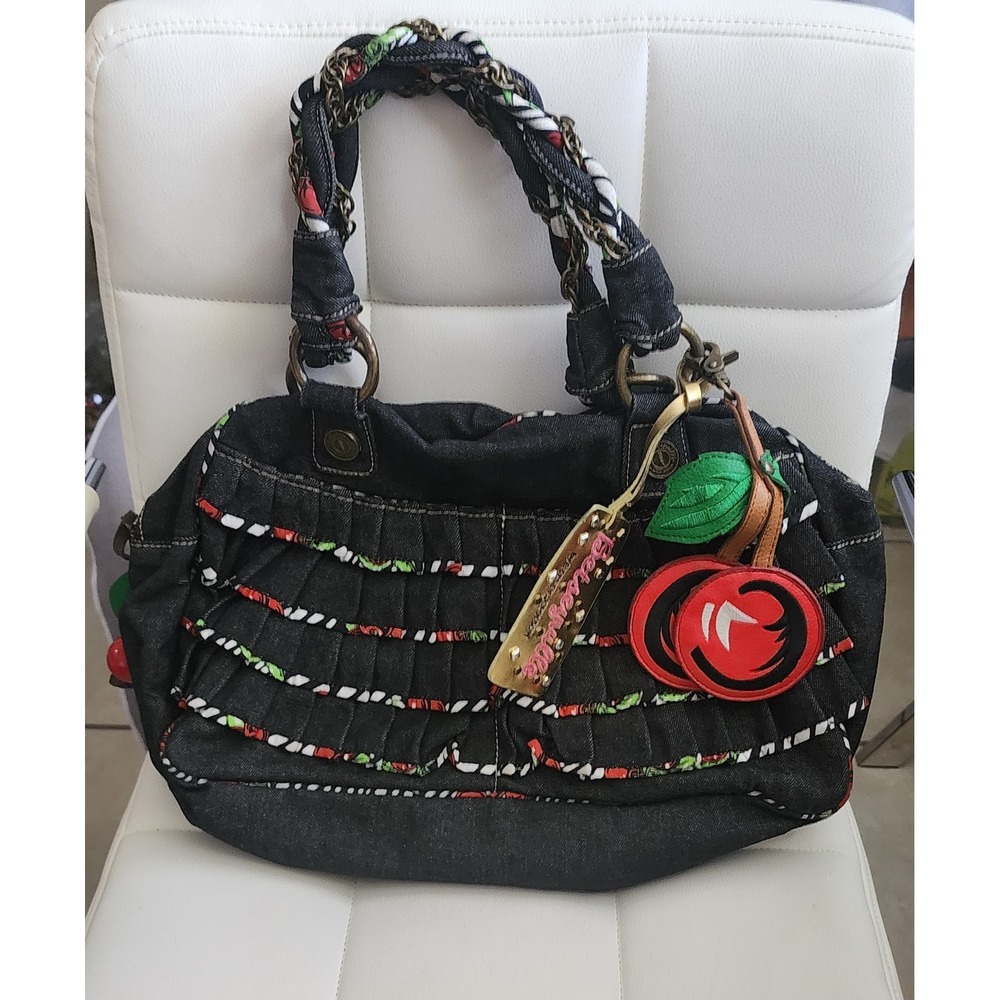 Betseyville Betsey‎ Johnson Denim Satchel Ruffle Cherry Print Rockabilly Handbag